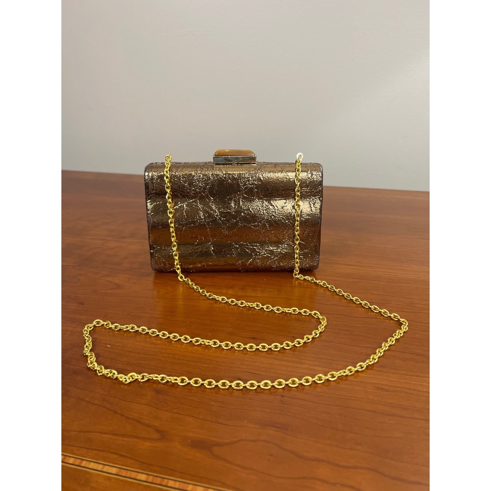 Expressions NYC Metallic Bronze Crinkle Box Clutch Gold Chain Evening Bag